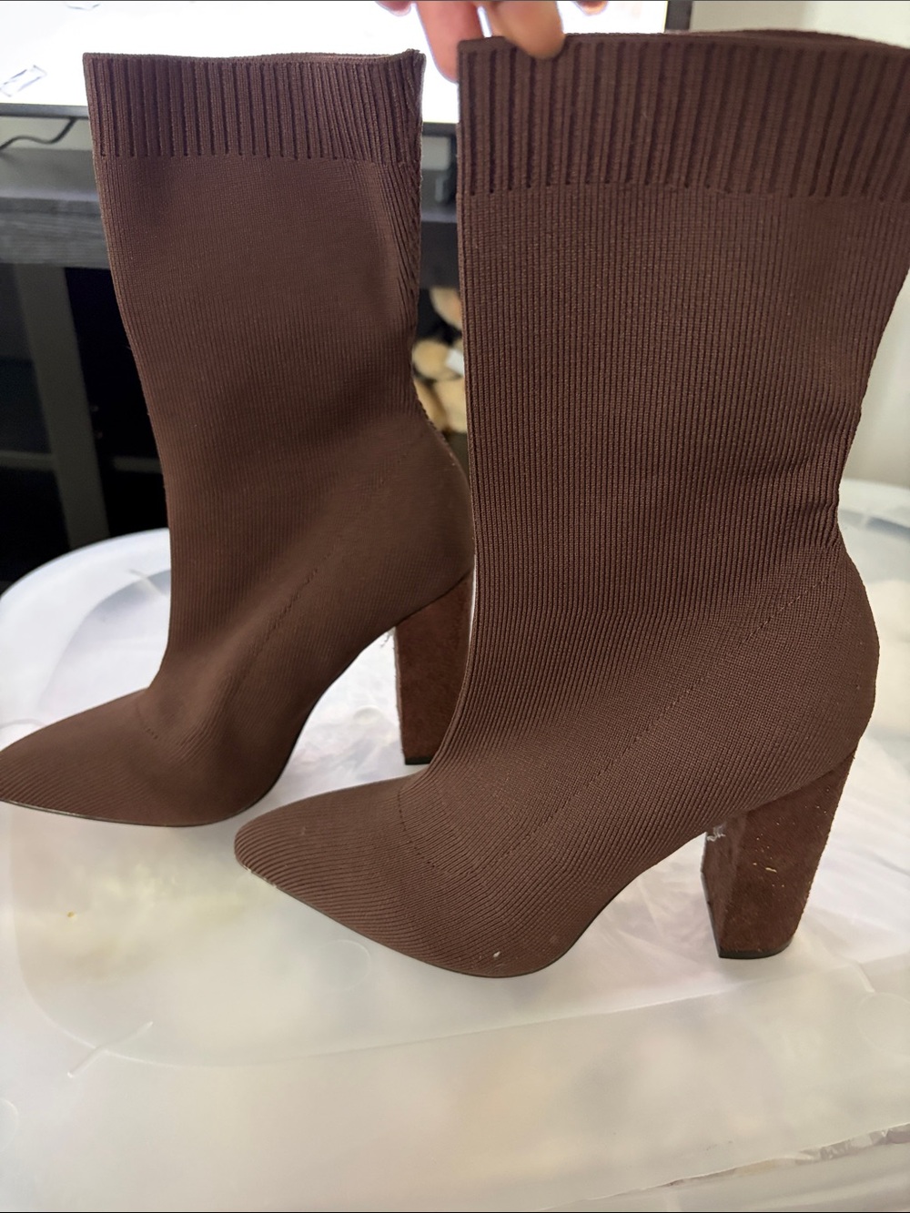 SHEIN Chocolate Brown Knit Sock Heeled Boots